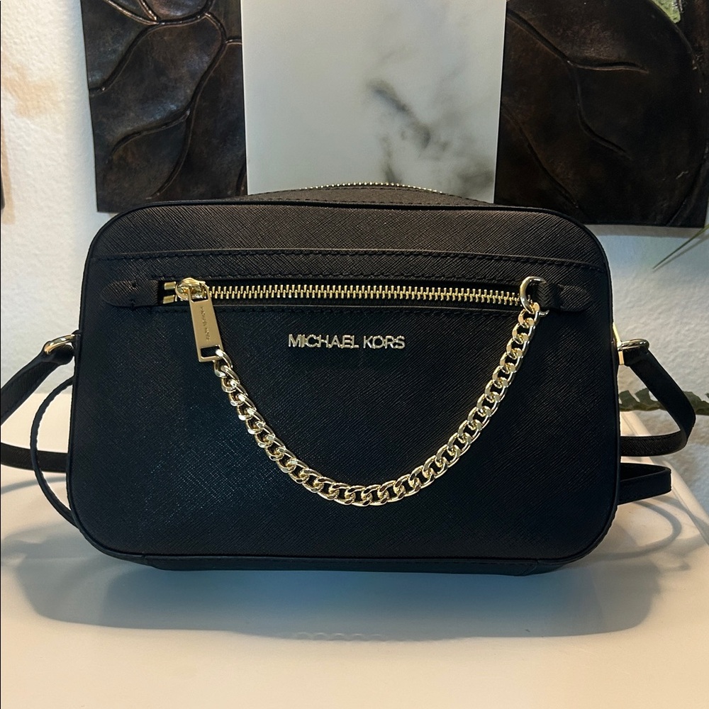 Michael Kors Black Saffiano Crossbody with Gold Chain Accent